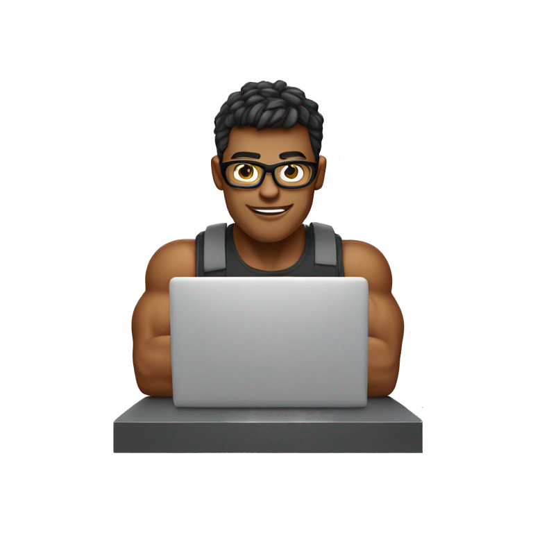 muscular nerd in front of laptop coding emoji