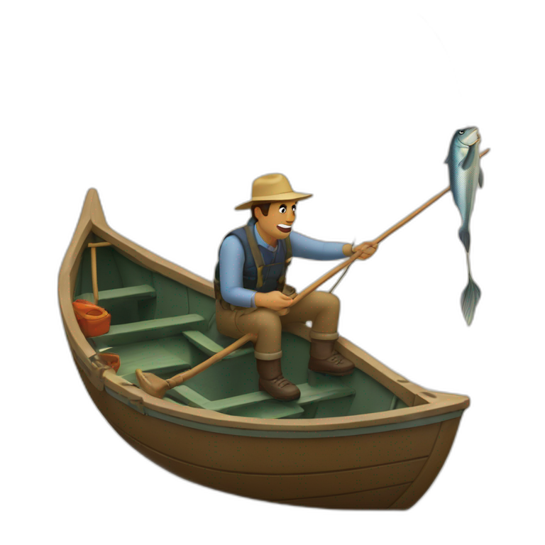 Man In a boat fishing with a giant fish hook. emoji