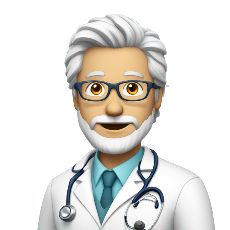 doctor with glasses, gray hair and beard with white coat and stethoscope emoji