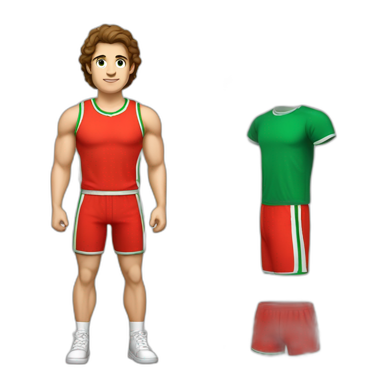 retro 70s red and green gym clothes for a modern white brunette uni male student with glass emoji