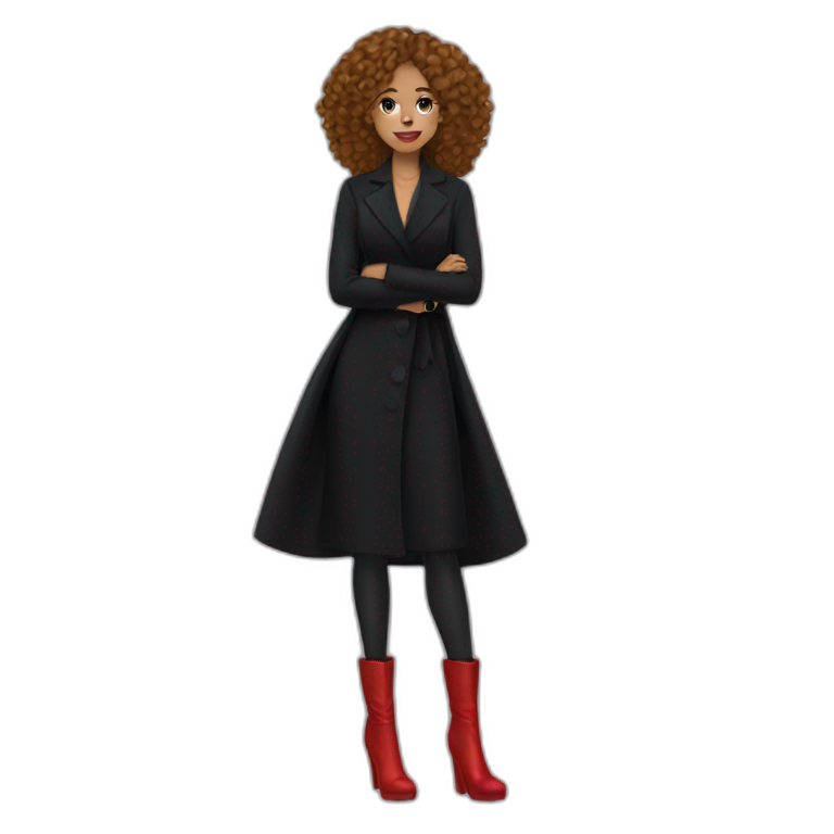 a woman with a long black dress, red boots, black coat, red bag, gold jewelry, curly hair, blue eyes emoji