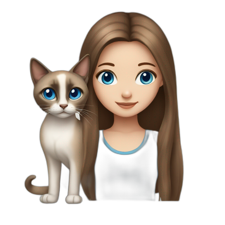 Blue-eyed girl with brown long hair with siamese cat emoji