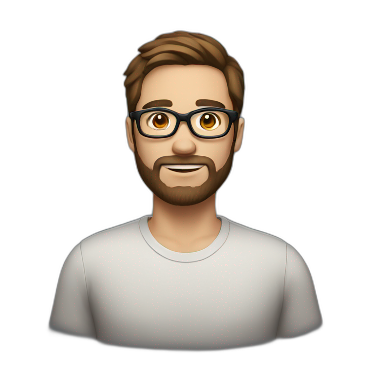 Male, with brown hair and brown beard, thick eyebrows and black sight glasses emoji