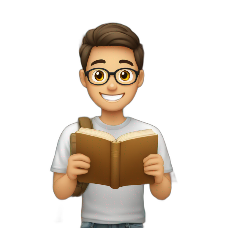 joven estudiante con todos sus libros que son muchos, de piel blanca muy feliz y sonriente con un libro en sus manos y sobre su cabeza emoji