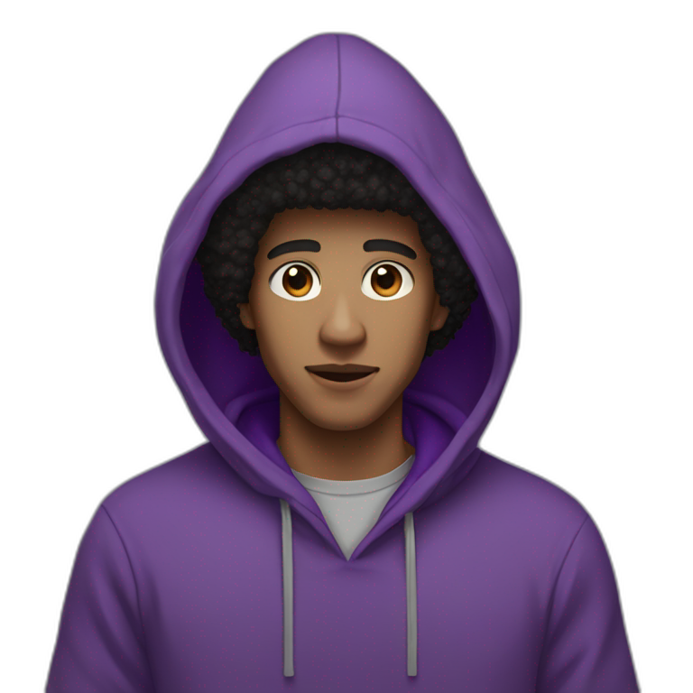 light skin tone guy with a purple hoodie and a big black afro and brown eyes emoji AI Emoji Generator