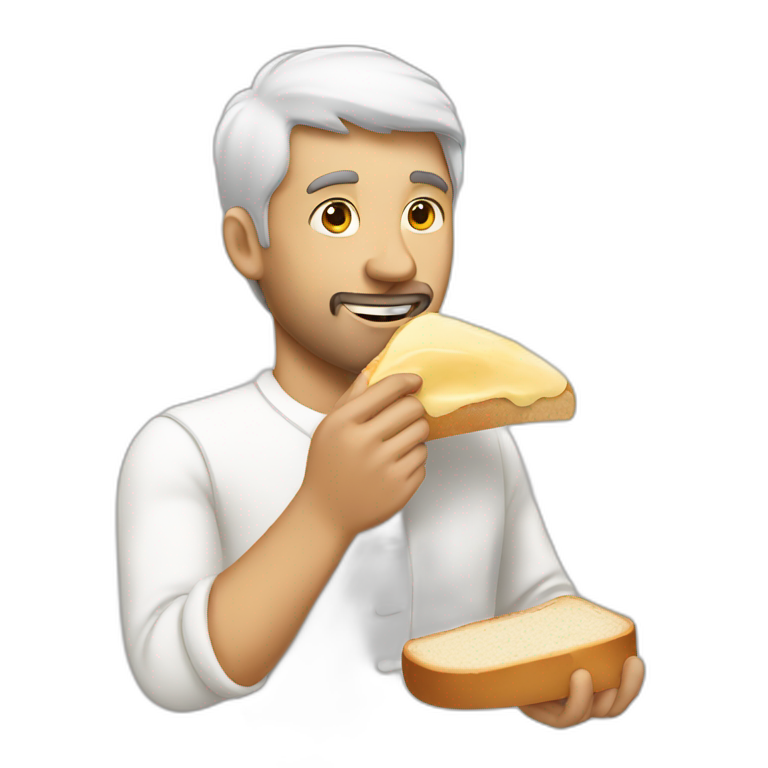 a man eating a slice of bread with a white sauce emoji