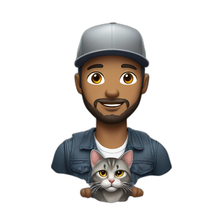 a man with a short beard and a snapback hat holding a big grey cat emoji
