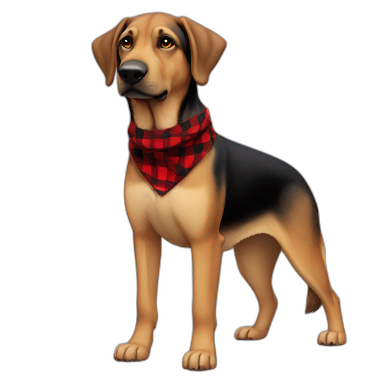 adult 75% Coonhound 25% German Shepherd mix dog with visible tail wearing small pointed red buffalo plaid bandana full body side view emoji