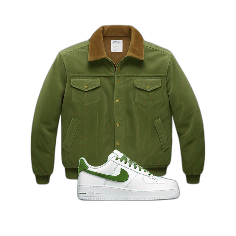 Set with white nike air force one shoes brown corduroy pants and a green corduroy jacket emoji AI Emoji Generator