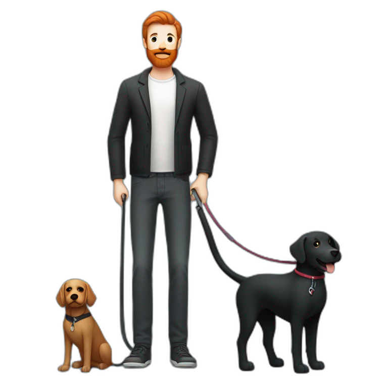 a slender man in a  sporting a red beard and wear casual outfit, standing next to a black Labrador dog, holding it on a leash emoji