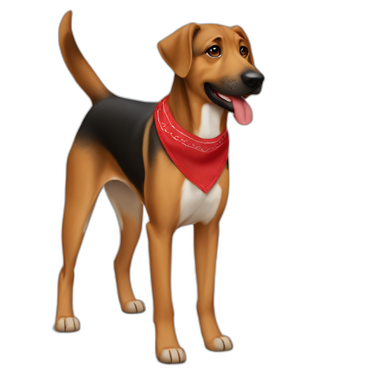 65% Coonhound 35% German Shepherd mix dog wearing small plain red bandana walking left emoji