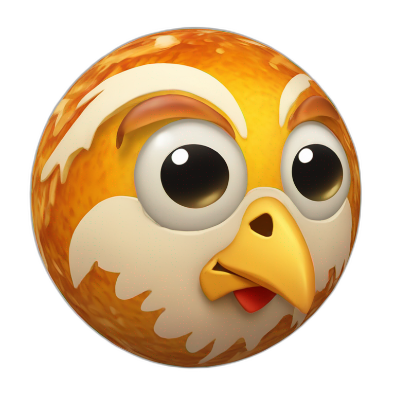 3d sphere Jupiter with a cartoon chicken skin texture with big beautiful eyes emoji