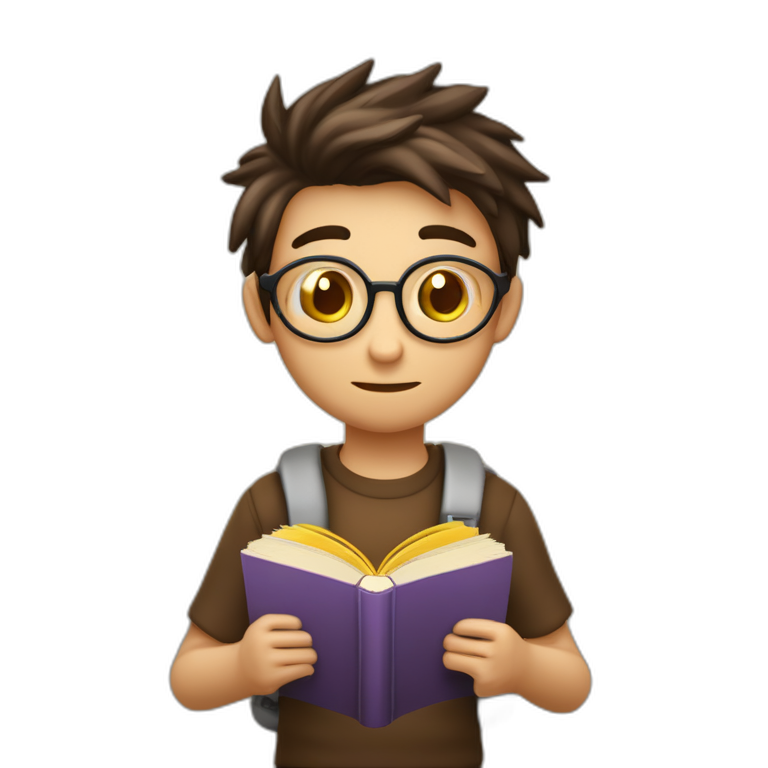 icono joven estudiante con  con un libro en sus manos y en su cabeza, junto a muchos libros y una lampara y un libro en su cabeza, con muchos y muchos  libros, de piel blanca emoji