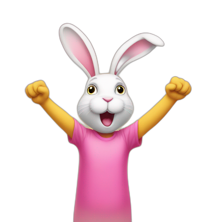 confused pink rabbit in yellow teeshirt raising arms emoji