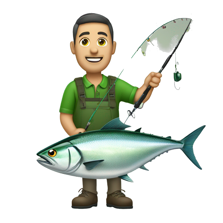 husband holding fishing rod with green fishing line hooked tuna emoji