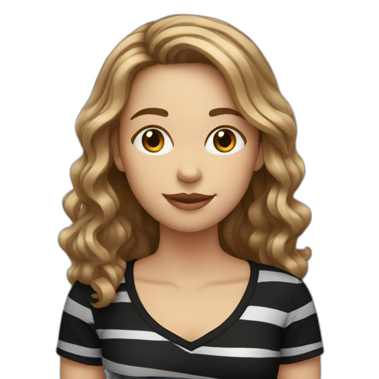 woman with long wavy light brown hair wearing black stripy t-shirt emoji