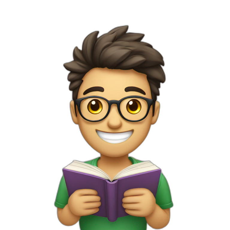 joven estudiante con todossus libros que son muchos, de piel blanca muy feliz y sonriente con un libro en sus manos  emoji