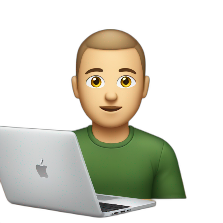 software engineer (white male, brown buzz cut hair, white gold earrings) in front of laptop, apple-style emoji