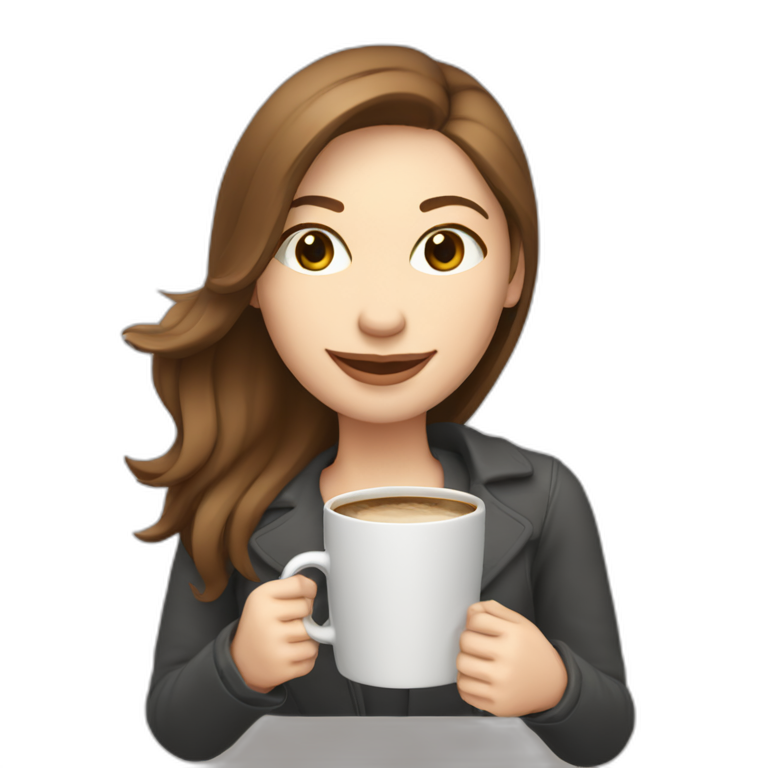 eyes closed smiling woman pale skin middle brown hair holding a closed laptop and a coffee mug emoji
