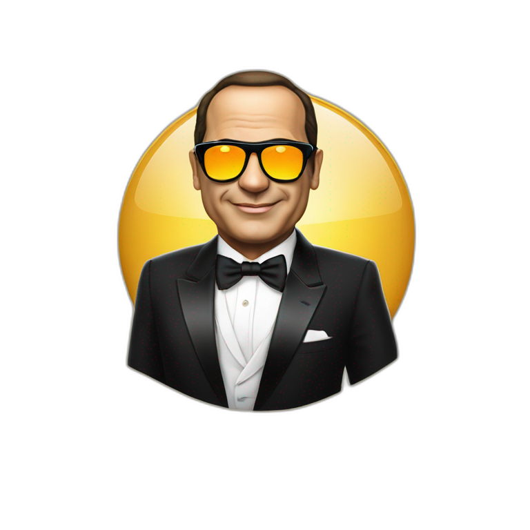 Satirical cartoon Egyptian President Al Sisi in a tuxedo wearing sun glasses with egyptian flag emoji
