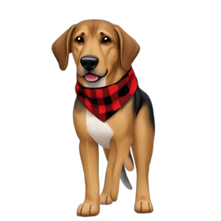 adult 75% Coonhound 25% German Shepherd mix dog wearing small pointed red buffalo plaid bandana full body walking left with leash emoji