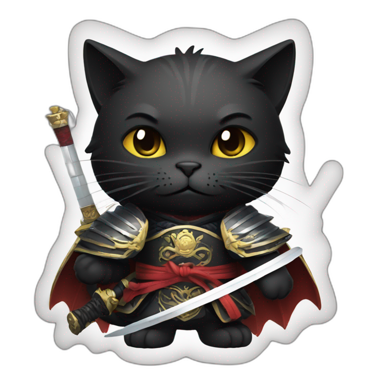 black cat with bad face, big wings, holding a samurai sword, dressed like a king emoji