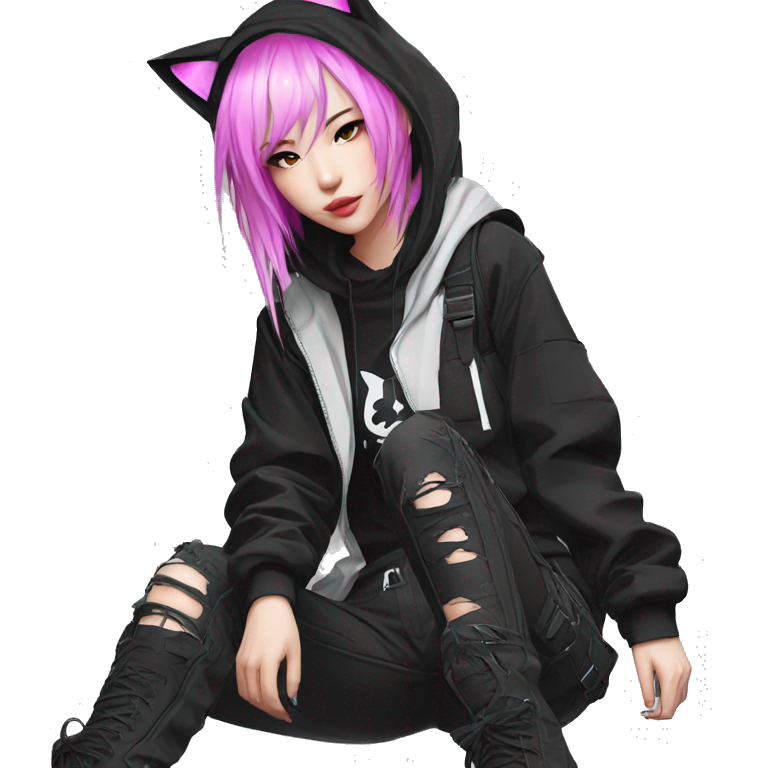 Edgy beautiful pretty anime punk tomboy with cat ears techwear cargo pants hoodie emoji