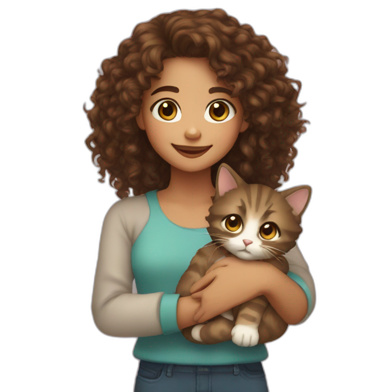 Girl long curly brown hair smiling mixed race et tenant brown eyes and holding a cat in her arms emoji
