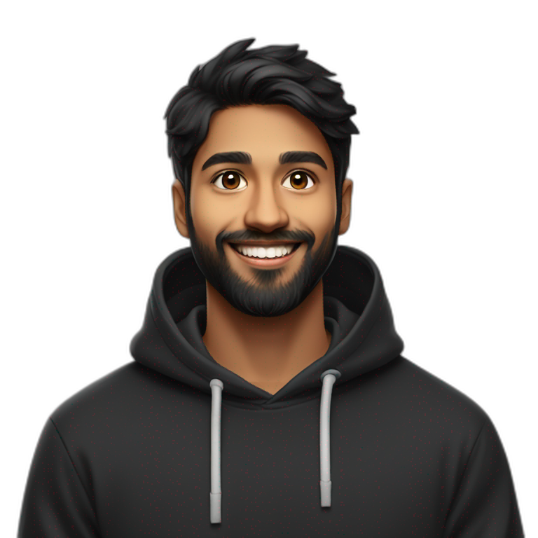 25 year old indian silicon  valley creator economy startup founder smiling in a black hoodie and black medium  size beard with broad shoulders profile photo wearing apple vision pro face only emoji