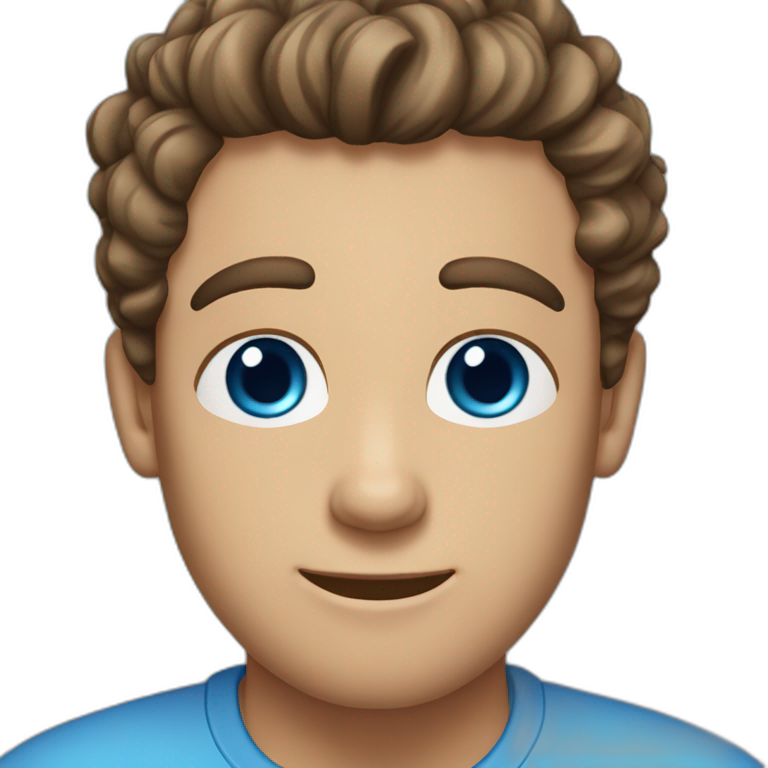 man-with-curly brown-hair with grey streaks-and-blue-eyes, blue shirt emoji