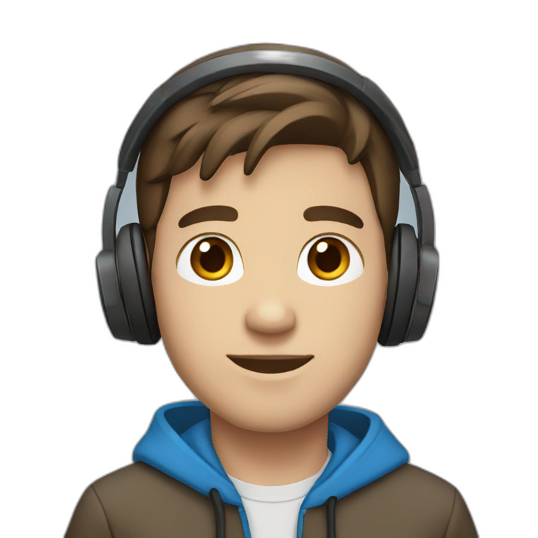 male, brown hair, brown eyes, headphones, blue hoodie emoji