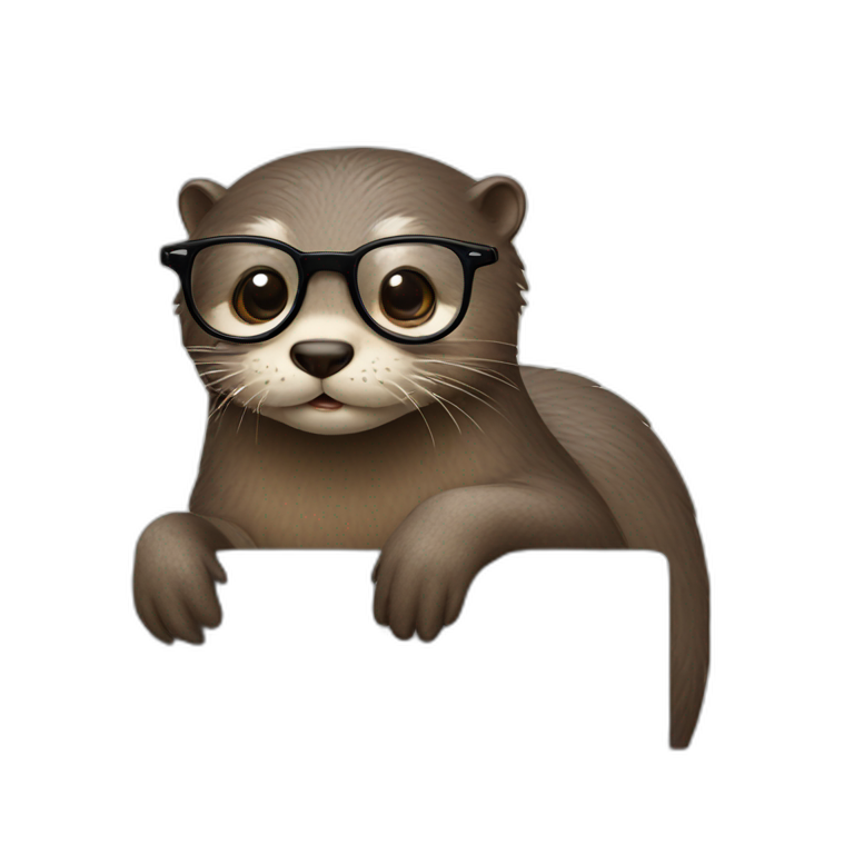 otter wearing eyeglasses back to a pillow using a macbook emoji