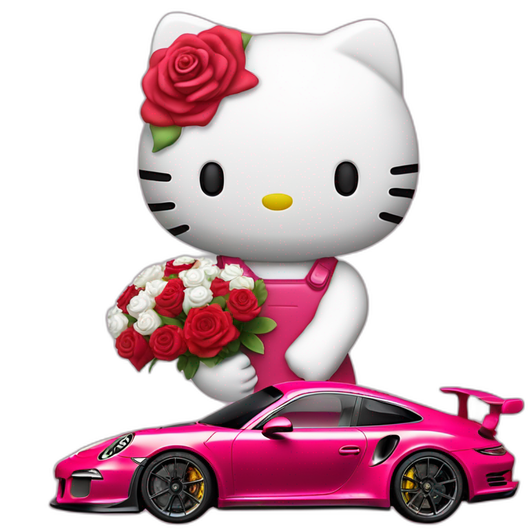 Hello kitty with porsche 911 gt3rs and bouquet of rose red in the hand emoji