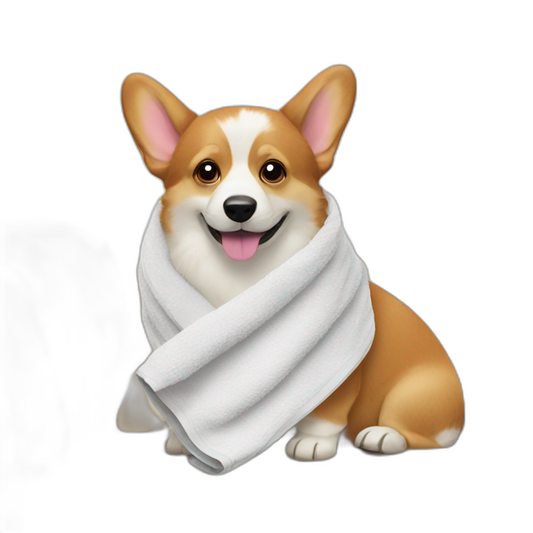 Corgi on the couch with the towel on the head emoji
