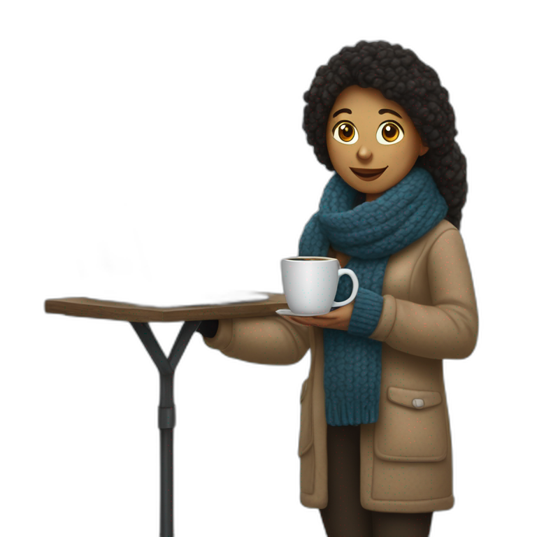 long straigh woolly shirt and black woolly scarf and holding a closed laptop on her left hand and a coffee mug on her right hand not full body shot emoji