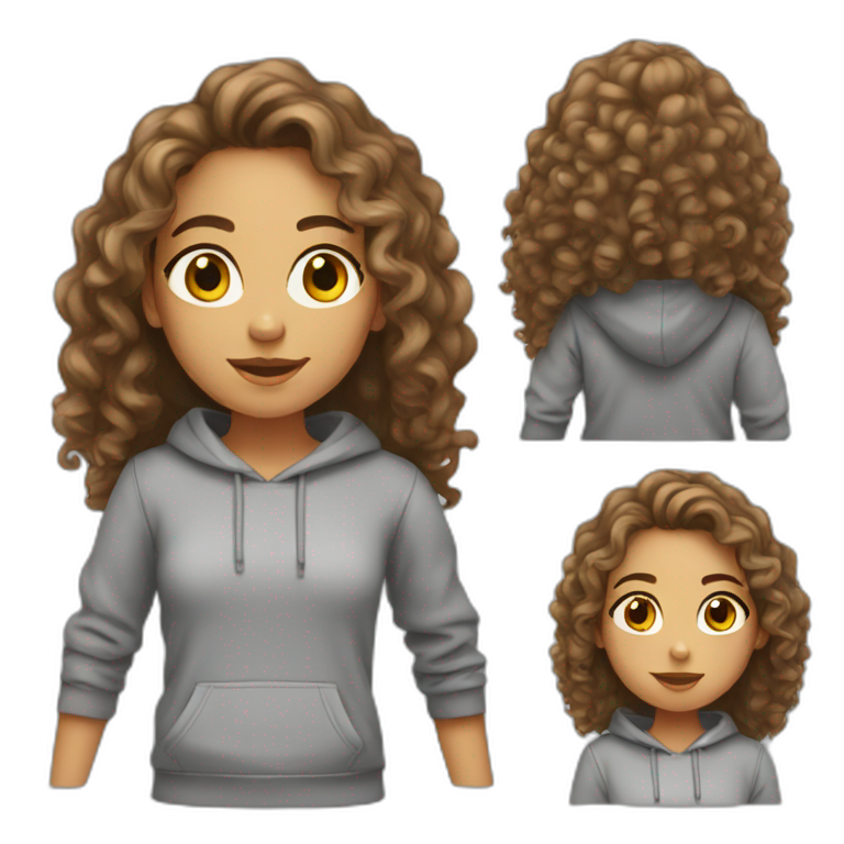 Girl with long brown curly hair and grey sweat-shirt  emoji