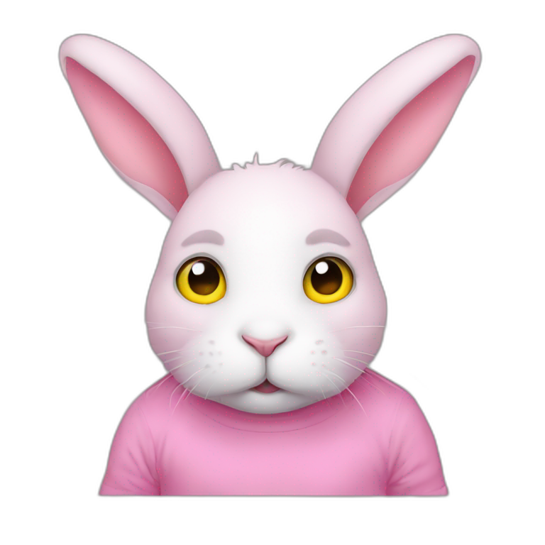 rabbit pink sad eyes, wears teeshirt yellow emoji