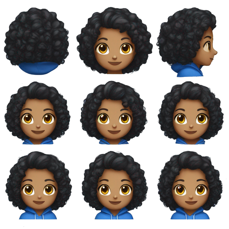 A girl with black curly hair and lifht brown skin with a blue hoodie and jeans emoji