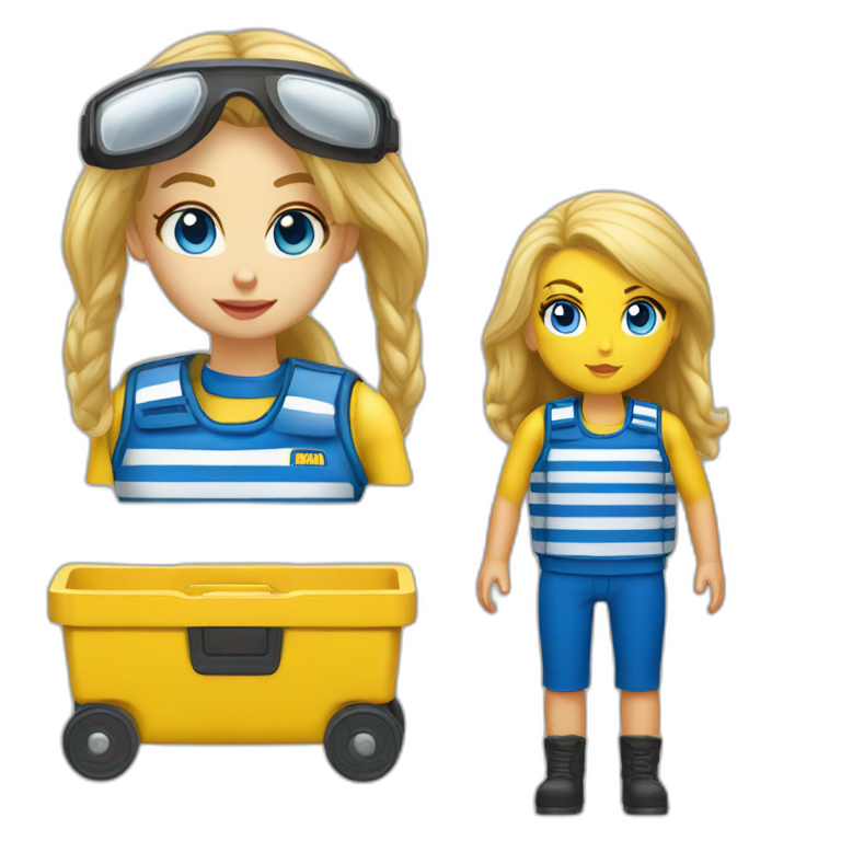 Ikea coworker blue eyes blond woman blue stripes t-shirt and yellow security vest with trolley scan emoji