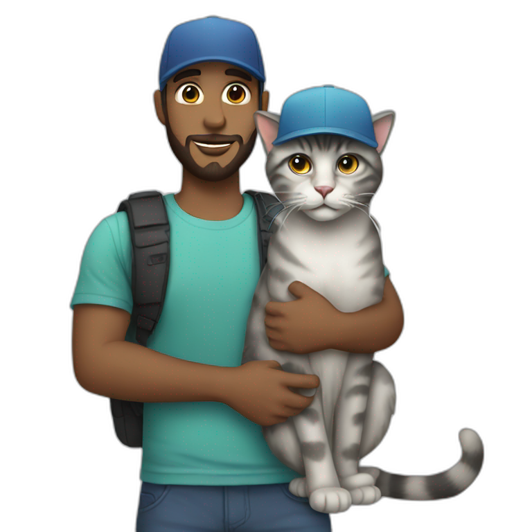 a white man with a short beard and a snapback hat holding a big grey cat emoji