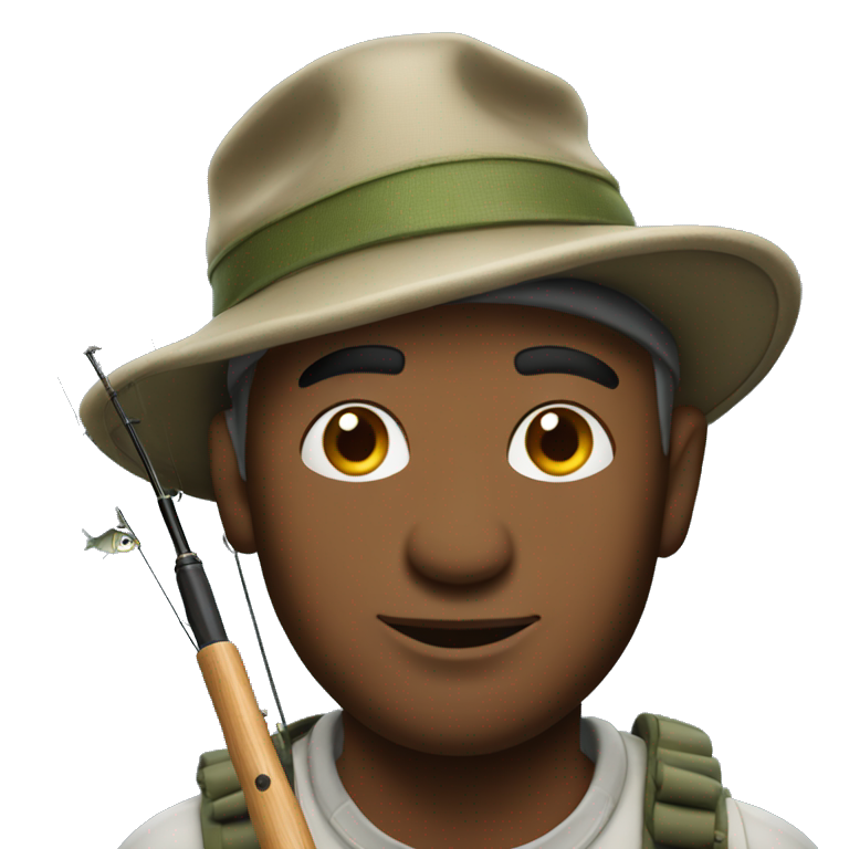 man wearing fishing hat holding fishing rod hooked with large fish emoji