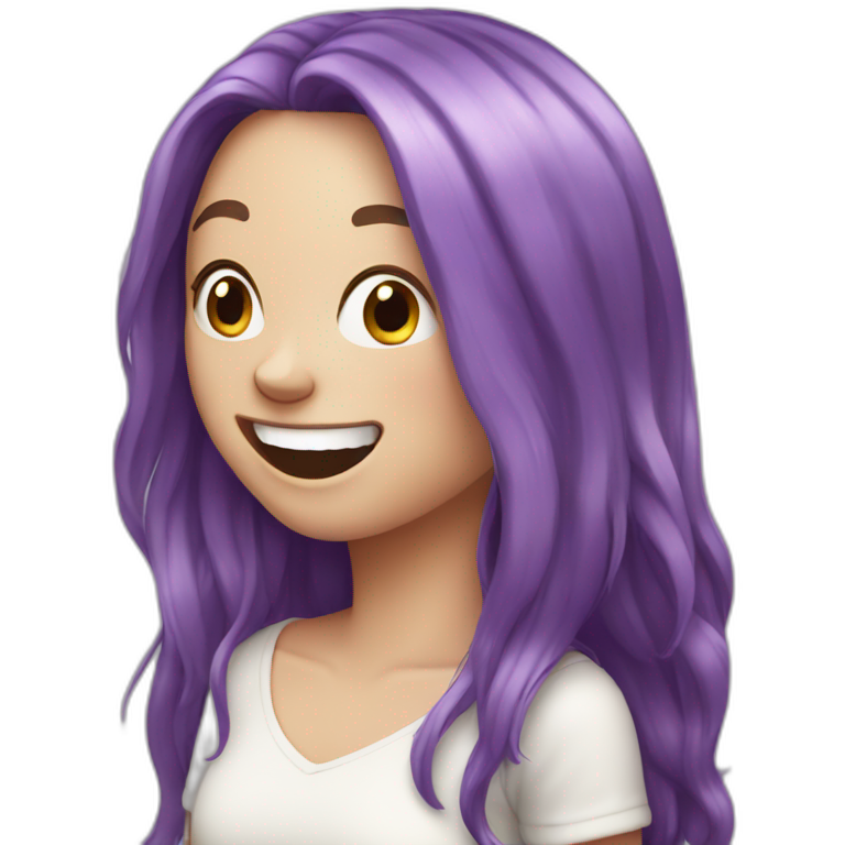 White girl with purple long hair, laughing emoji