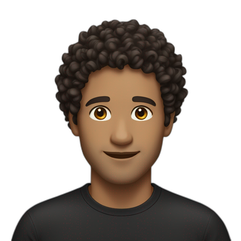 man short curly dark brown hair curls on forehead with brown eyes smiling black shirt emoji