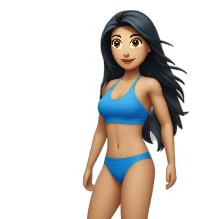 Spanish woman with long black hair, in a blue fitness bikini, with a number 5 circle button p emoji