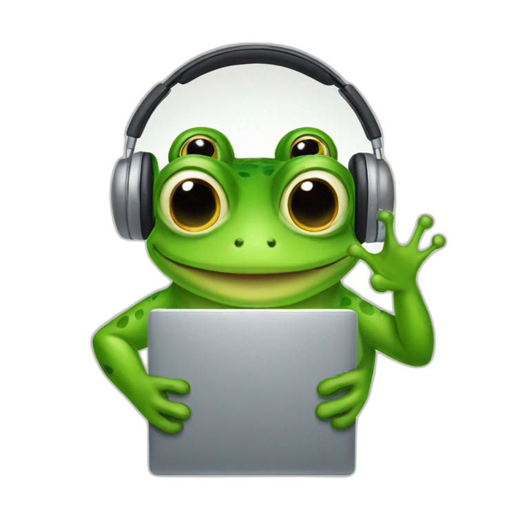 a frog man holding a laptop wearing headdphones emoji