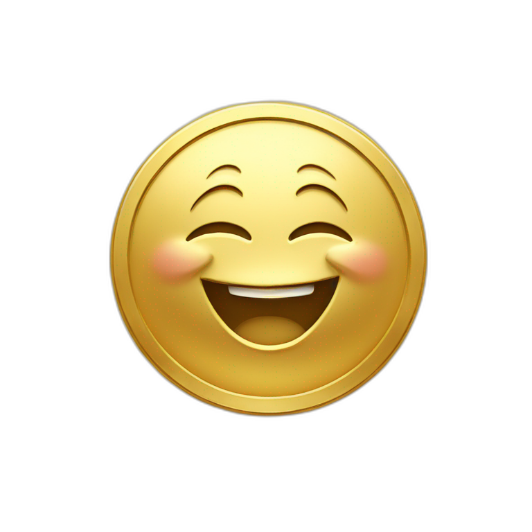 Gold coin with a laughing face on it emoji