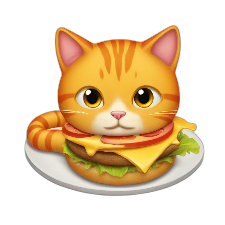 An orange-colred cat devouring a cheeseburger emoji