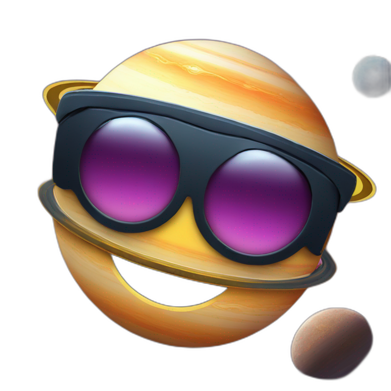 planet Saturn with a cartoon smiling face with sunglasses emoji