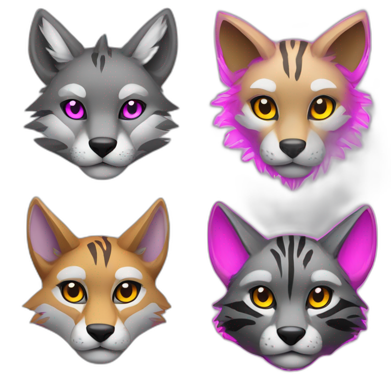 Coyote with grey and black fur, neon lights, ocelot with pink ears, clouded leopard, ocelot coyote hybrid with Phoenix wings emoji