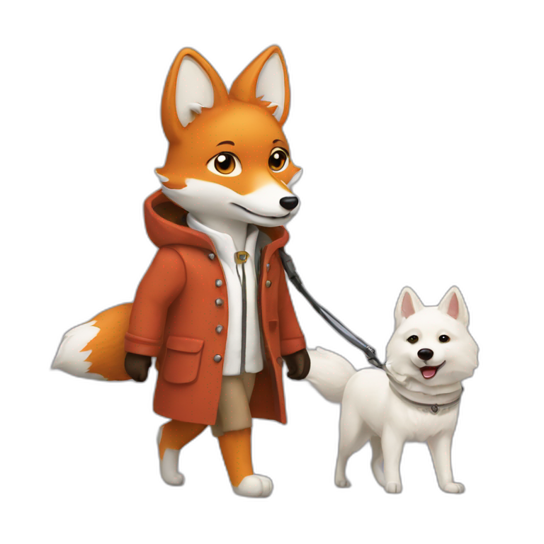 fox in a coat walking a white dog emoji